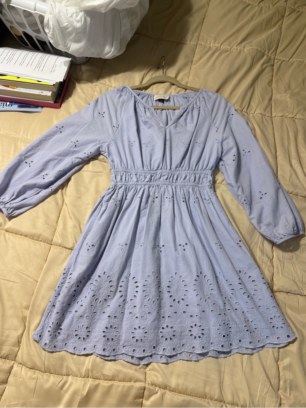 Light Lavender Eyelet Short Dress with Smocked Waist and Blouse sleeves